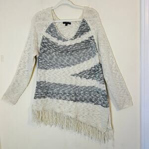 Signature Studio Knit Sweater Sz 2X Gray and Cream Asymmetrical Fringe Hem Boho
